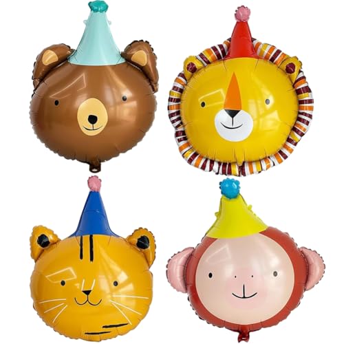 NIEEKRUN 4 Stück XXL Tier Folienballons – Dschungel Geburtstagsdeko, Tier Luftballons für Kindergeburtstag, Helium geeignet, Löwe, Katze, Affe, Bär