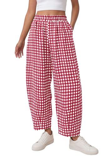 PRETTYGARDEN Plaid Barrel Pants Women Summer 2026 Casual Loose Wide Leg Lounge Gingham Trousers Spring Fashion Beach Bottoms (Red Plaid Medium)