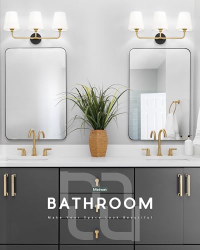 Image of Bathroom Light Fixtures, Black and Gold Vanity Lights with Flared White Fabric Shade, 3-Light Wall Sconce, Modern Sconces Wall Lighting for Hallway Bedroom, VL837-KG-3