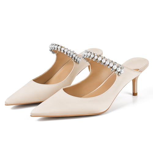 Image of XINIUNIU Heeled Mules for Women Rhinestone Heels Pointed Toe Slip On 2.5 Inch Kitten Stiletto Closed Toe Sandals Dress Wedding Pump Shoes