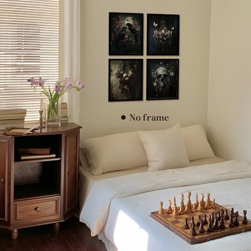 Image of WEFKODO Vintage Dark Academia Gothic Wall Decor, Vintage Moody Gothic Wall Art for Home Bedroom Bathroom Living Room Dorm College, Crow Skull Flower Goth Room Decor Posters Prints 4Pcs, 8x10 Unframed