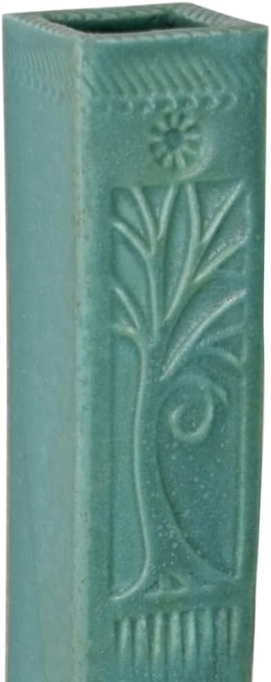 American Made Slender Stoneware Wall Vase, Turquoise with Tree Icon, 14.5"