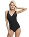 LAPAYA Women's 1 Piece Bathing Suit V-Neck Ruched Tummy Control Maillot Swimsuit, Black, Tag Size 2XL=US Size 12