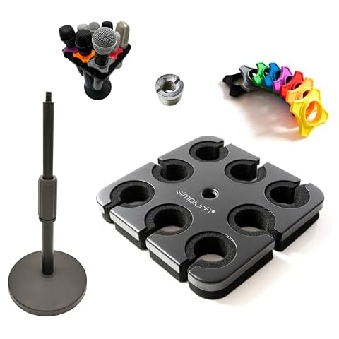 Simplurfi Multi Microphone Holder with desktop Mic Stand - Square Tray Attachment holds up to 8 mics On Stage Organizer and Display - 8 Anti-roll Rings Included Cover