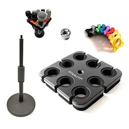 Simplurfi Multi Microphone Holder with desktop Mic Stand - Square Tray Attachment holds up to 8 mics On Stage Organizer and Display - 8 Anti-roll Rings Included