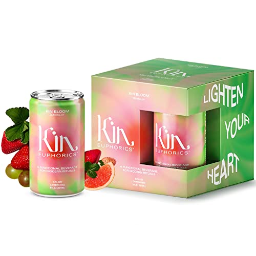 Kin Bloom By Kin Euphorics, Non Alcoholic Spirits, Ready To Drink, L-Theanine, Schisandra, Damiana, Strawberry, Ease Back To Center, Conjure Clarity And Vision, 8 Fl Oz (12Pk) #TOP20