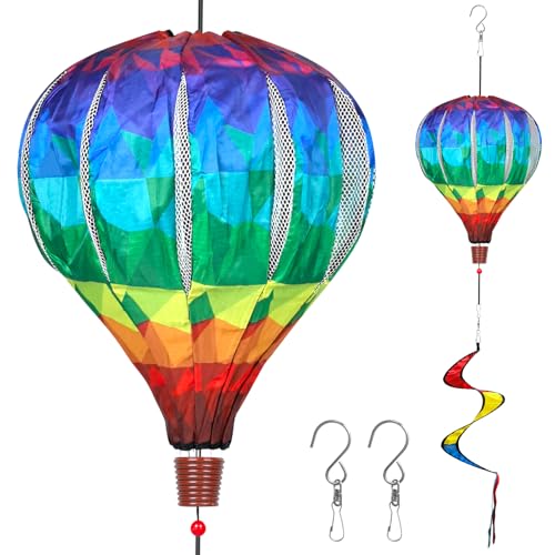 DECEED 2PCS Giant Rainbow Hot Air Balloon Wind Spinners 14 W x 59 H Large Multicolor Whirligig Wind Spinner Hanging Ornaments for Yard Garden Lawn Outdoor Decorations