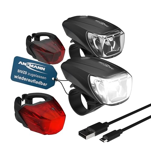 ANSMANN Fahrradlicht 2er Bundle Set StVZO zugelassen mit CREE LED, 140 m Leuchtweite 35 Lux 170 Lumen IPX4 Akkubetrieben aufladbar über USB Vorderlicht & Rücklicht