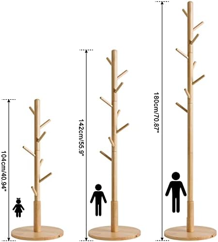 IBUYKE Free Standing Hall Coat Tree with 8 Hooks, Stand Tree Rack with Round Base, Entryway Coat Stand for Purses, Clothes, Scarves, for Hallway, Bedroom, Living Room, Natural Color WD-115