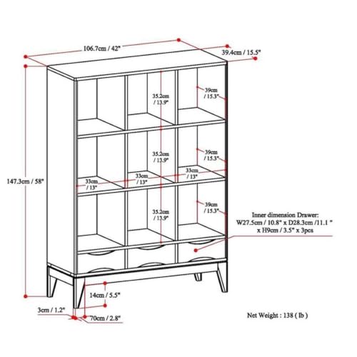Pemberly Row Solid Hardwood Cube Storage Bookcase, 58" H x 42" W, Dark Walnut Brown Finish, 3 Drawers and 9 Compartments, Mid-Century Modern Style for Living Room, Office, or Bedroom - Image 5
