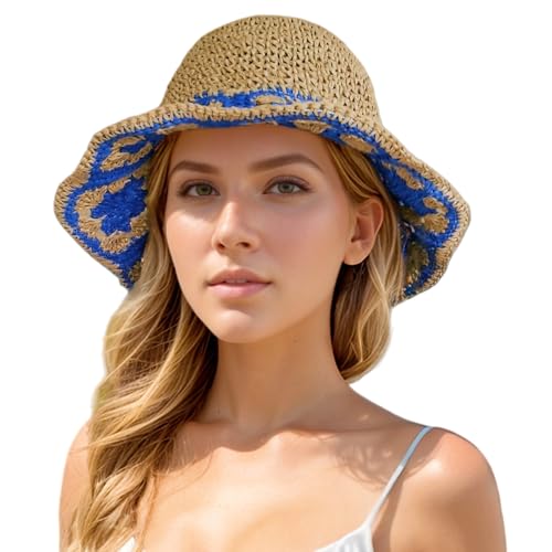 Womens Sun Hats Wide Brim Summer Beach Hat for Women Foldable Travel Fedora Handmade Crochet Straw Hat Packable UPF50, Floral-1