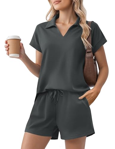 PINSPARK Lounge Sets for Women Summer Short Set V-neck Pullover Sweatshirt High Waist Shorts with 2 Pockets 2025 Fashion Trendy Matching Set Comfy Tracksuit, Dark Grey XXL