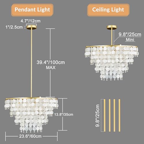 PUUPA Natural Capiz Shell Chandelier, Coastal Modern Chandelier, Hanging Round Layered Pendant Lighting(4 Light, Gold) - Image 3