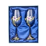 MEIGLQEA Wine Glasses Set of 2, Handcrafted Enamel Flower Red White Wine Glasses Pretty Floral Goblets with Gift Box for Women Wife Mom Friends Mothers Valentines Day (Purple)