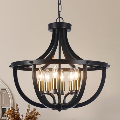 19.48" Black and Gold Farmhouse Cage Chandelier for Dining Room, 6