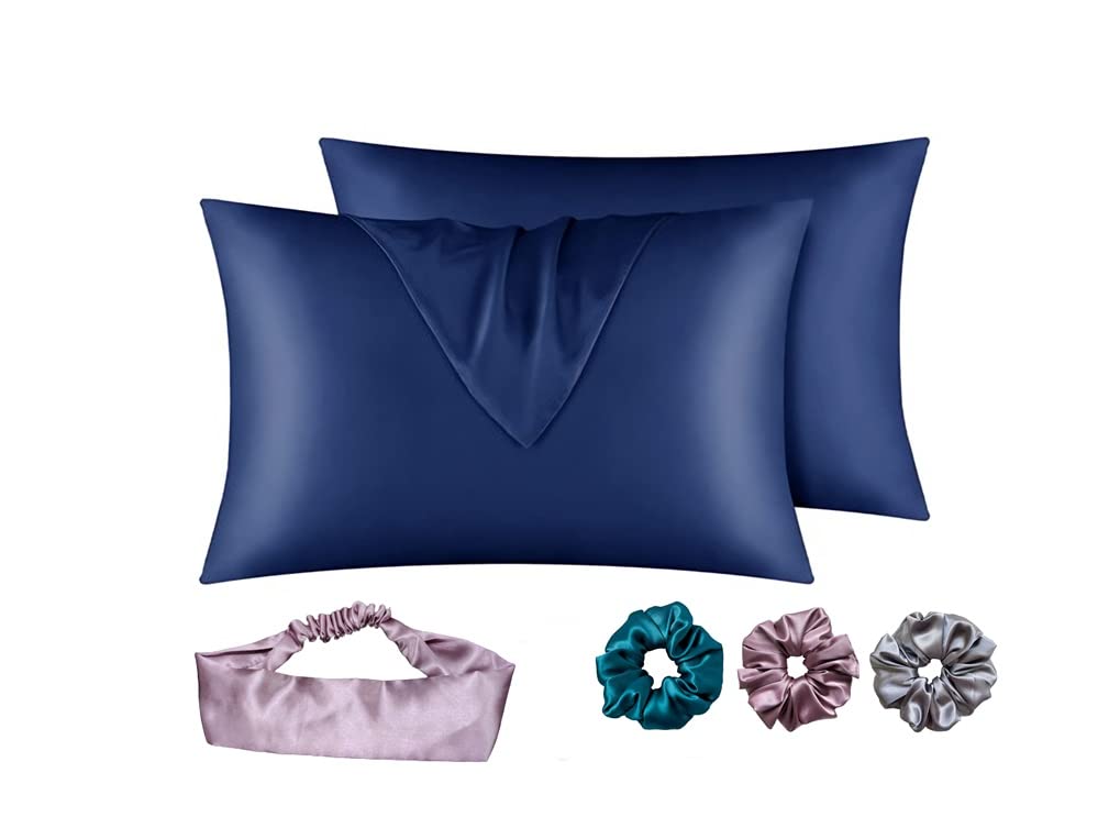 ARMOXA Satin Silk 600 TC Pillow Cover For Hair And Skin 2 Piece With 3 Piece Satin Solid Silk Scrunchies| 1 Silk Hair Band Free Pillow Covers With Envelope Closure(Naviblue), 28 X 18 Centimeters