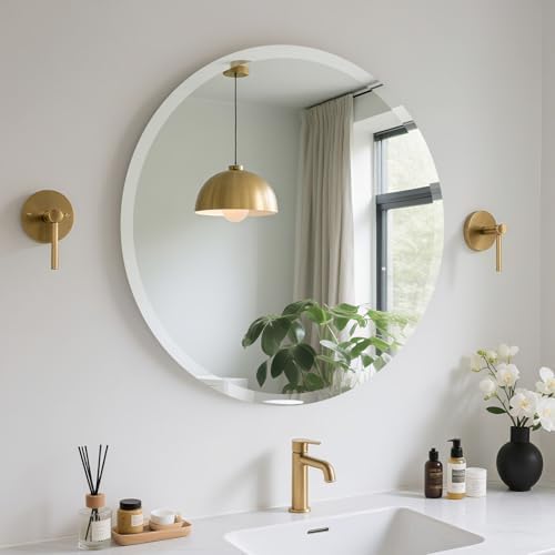 FARMER Frameless Round Mirror, 28 inch Circle Mirror with 1" Beve...