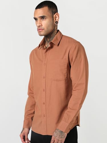 Image of Bewakoof Mens Solid Regular Fit Full Sleeve Collar Cotton Linen Blend Shirt