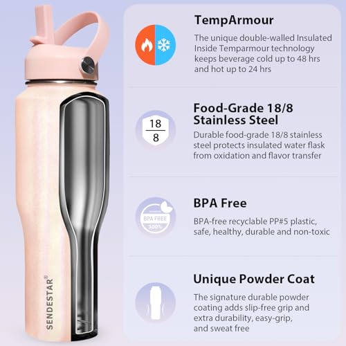 Image of SENDESTAR 40oz Stainless Steel Water Bottle(Cold for 48 Hrs, Hot for 24 Hrs),Double Wall Vacuum Insulated Bottle with Straw Lid, Spout Lid and Flex Cap, Fit in Any Car Cup Holder