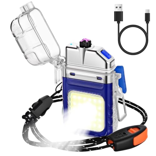 Vicloon Accendino Impermeabile 3 Modalità, Accendino Ricaricabile Dual Arc Plasma, Antivento Impermeabile Elettrico Plasma con Fischietto di Emergenza e Cordino per Campeggio (Blu)