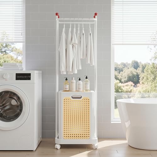 VECELO Laundry Hamper with Clothes Rack, Rolling Laundry Basket with Lid and Wheels, Tall Clothes Stand for Hanging Clothes, Multifunctional Laundry Organizer for Bedroom, Bathroom, White by VECELO - Used condition - US$34.67