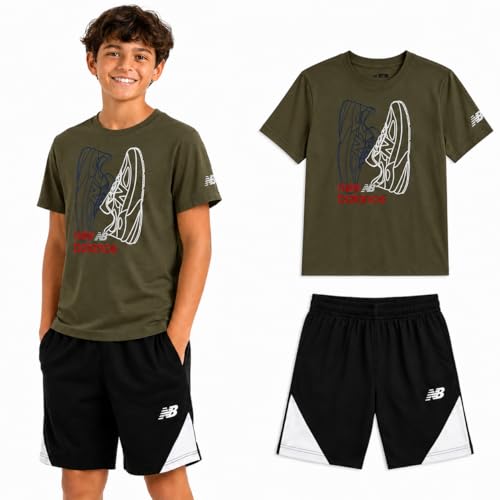 Image of New Balance Boys Athletic Shorts Set - 2 Piece Cotton Blend Jersey Shirt and Active Basketball Shorts for Boys