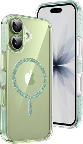 Image of VONZEE Back Cover Case Compatible with iPhone 17 6.3'' Case Glitter Ring Cute Shiny Colorful Bling Case (Compatible with Magsafe) Transparent PC+TPU Glossy Shiny Cover for Girls Women,Green