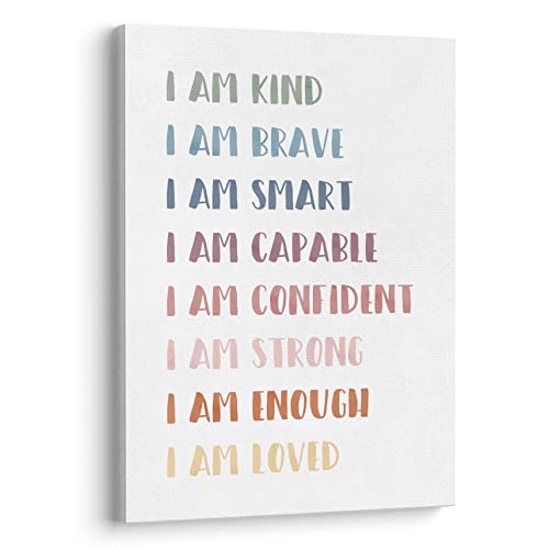 Image of XWELLDAN Boho Classroom Wall Art Canvas Decor I Am Kind I Am Strong I Am Brave I Am Smart Wall Art, Pastel Watercolor Classroom Decor, 11 x 14 Inch, Framed