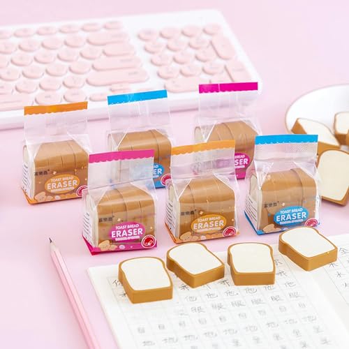Image of RECLUSE 4 Pcs Cute Bread Shaped Cute Pencil Eraser Supply Funny Flexible Easy to Use Stationery Kid Painters Artists Sketching Tools, Kids School Boys Girls Birthday Return Gifts