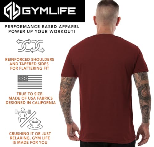 Gym Life Men's Power Up Athletic Performance Short Sleeve Workout T-Shirt, Crimson Red3