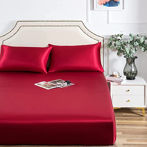 Damier Satin Spannbettlaken 200x200cm Rot Weinrot Seide Glänzend Spannbetttuch Hochwertiges Satin Deluxe Bettlaken, geeignet für Matratzen bis 25cm