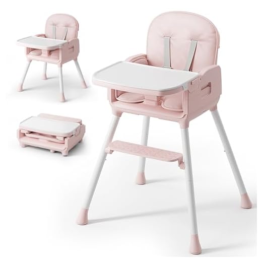 Obee Odee 3-in-1 Portable Baby High Chair for Babies and Toddlers, Convertible Easy Clean Infant Foldable Highchair with Adjustable Legs & Dishwasher Safe Tray, Pink