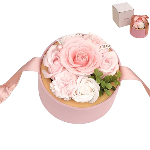 COONE Luxury Scented Soap Rose Flower Gift Box, Handmade Realistic Artificial Roses with Decorative Bow & Greeting Card, Romantic Home Decor for Women, Mum, Girlfriend (Pink, 13x13x13cm)​