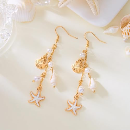 Summer Earrings for Women 2025, 925 Sterling Silver Hypoallergenic Gold Seashell Pink Starfish Pearl Earrings for Women Boho Beach Gold Conch Bohemia Sea Shell Ocean Scallop Trendy Jewelry4