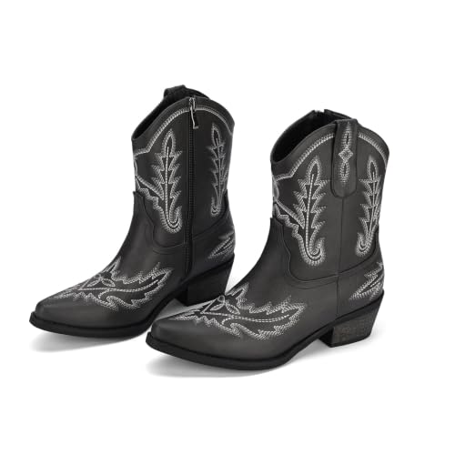 Image of Rhinestone Ankle Cowboy Boots for Women Embroidered Short Cowgirl Boots with Low Heel Side Zipper Comfortable Chunky Heel Western Booties for Prom Party Wedding Pull On Shoes