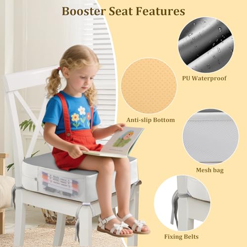 Booster Seat for Kitchen Chair - 4-Point Anchor 3.8\" Lift Toddler Booster Seat for Dining Table with Side Pockets, Non-Slip & Portable Dining Cushion for Kids (Grey) - Thumbnail 5