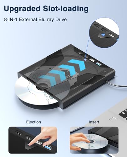 juwuoi Zewnętrzny napęd Blu-Ray, napęd Blu-ray USB z portami SD/TF 7 w 1 zewnętrzny napęd Blueray/DVD do laptopa PC przenośny czytnik płyt CD/DVD/BD odtwarzacz Bluray kompatybilny z Windows Linux Mac