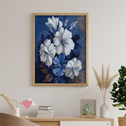 Kits de arte de diamantes para adultos y principiantes con flores azules y blancas 5