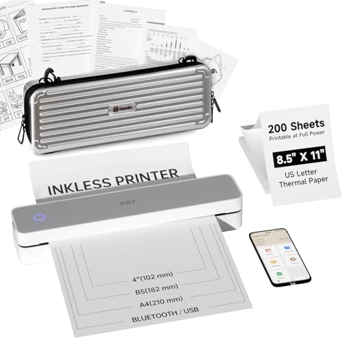 PRT Inkless Portable Printer for Travel, Wireless Thermal Printer for School/Office/Home Use, Supports 8.5 x 11 Inch Thermal Paper, Includes Carry Case and 200 Sheets Thermal Paper Document