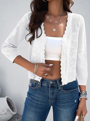 Kate Kasin Crochet Cropped White Cardigans Sweater for Women Trendy Summer Lightweight 3/4 Sleeve Knitted Shrugs Top XL — view 6