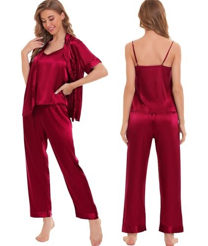 Image of SWOMOG Womens Silk Satin Pajamas Sets 4pcs Sleepwear Sexy Cami Shorts Set and Button Down Short Sleeve Pjs Loungewear