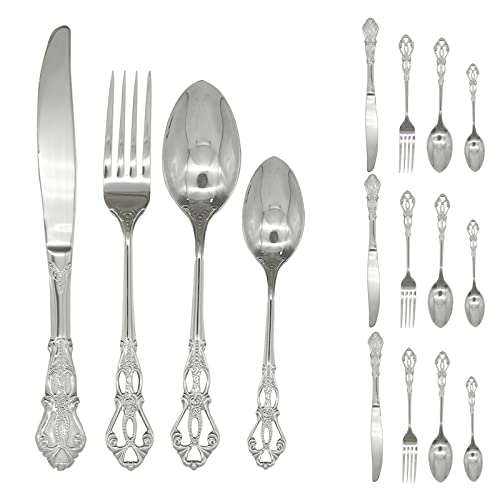 Pinenjoy 24Pcs Vintage Baroque Silverware Set 18/10(304) Stainless Steel Luxury