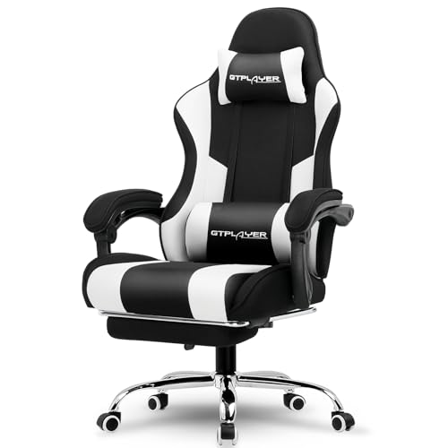GTPLAYER Gaming Chair, Computer Chair with Footrest and Lumbar Support, Height Adjustable Game Chair with 360°-Swivel Seat and Headrest and for Office or Gaming (Fabric, Black & Light Gray)