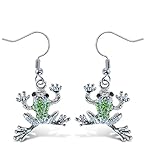 Aqua79 Silver and Green Frog Dangle Earrings - Rhinestone Bohemian Dangle Earrings for Women and Teens, Zinc Alloy Fish Hook Earrings, Frog Animal Earrings - 1.5 Inches