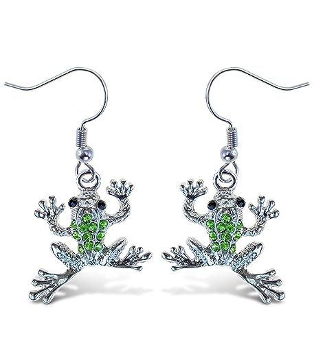 Aqua79 Silver and Green Frog Dangle Earrings - Rhinestone Bohemian Dangle Earrings for Women and Teens, Zinc Alloy Fish Hook Earrings, Frog Animal Earrings - 1.5 Inches