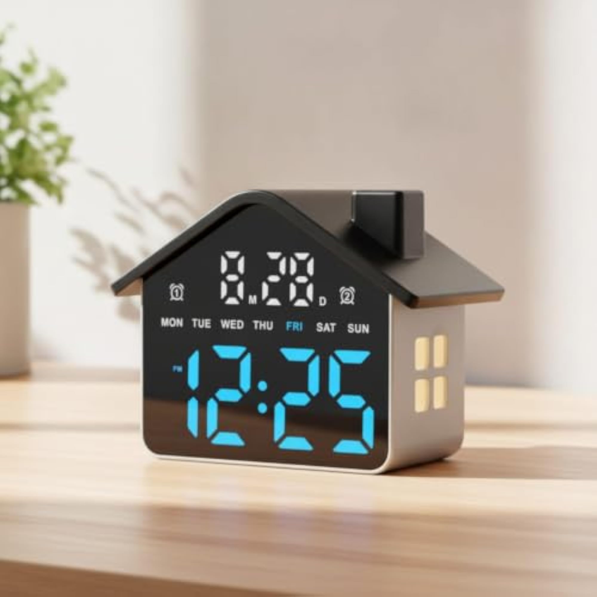 Bright Bedside Clock with Night Light, Compact House-Shaped