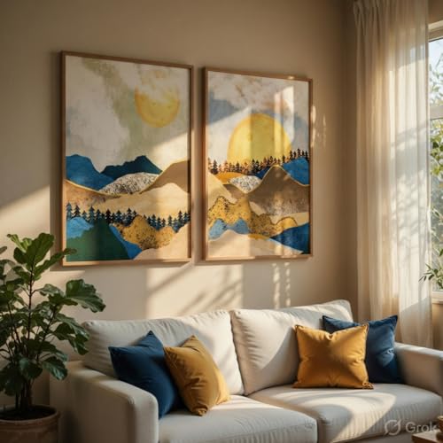 Image of Livin'luxe Abstract Mountain Landscape Wall Painting Set of 2 with Wooden Frames | Modern Sun Mountain Artwork HD Sparkle Laminated MDF Wall Decor | Nature Wall Art for Living Room