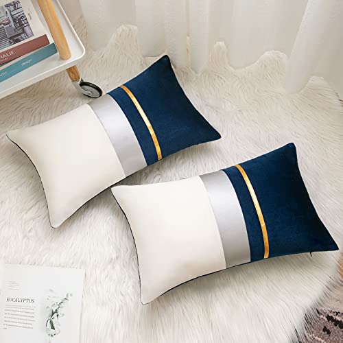 Serento Cushion Covers 30 x 50 cm Navy Blue Gold Striped Patchwork Velvet Case Luxury Modern Rectangle Throw Pillow Cover Decorative Lumber for Bedroom Living Room Cases Bed Sofa Car 12 × 20 Inches - Cosy Home Interiors Serento Cushion Covers 30 x 50 cm Navy Blue Gold Striped Patchwork Velvet Case Luxury Modern Rectangle Throw Pillow Cover Decorative Lumber for Bedroom Living Room Cases Bed Sofa Car 12 × 20 Inches - Image 4