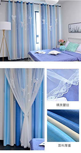 Image of Yancorp Room Darkening Light Blocking Pink Curtains White Sheer Lace Detachable Bow Ties Kids Room Decor Ombre Drapes Star Double Layer Window Panels Bedroom Living Room (Blue Beige, W52 X L63)