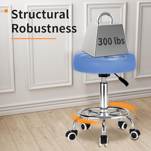 Image of Rolling Stool PU Leather Round - Ultra Soft Padded Seat Cushion Stool with Wheels with Footrest, Weight Capacity 300lb,Adjustable Height Stool for Tattoo Massage Salon Medical Spa Center (Blue)